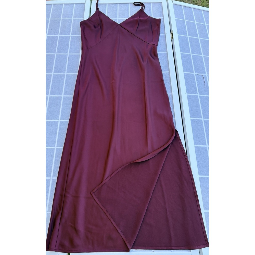 Burgundy Wine Satin Midi Slip Dress Minimalist Chic Homecoming Dress V-Neck Sz S